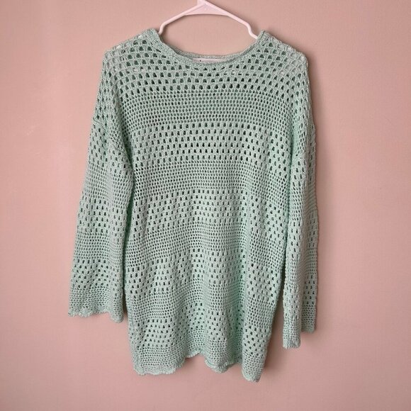 Anrabess Crochet Mint Green Cover Up Long Sleeve Mini Dress Women’s Medium - Picture 2 of 7